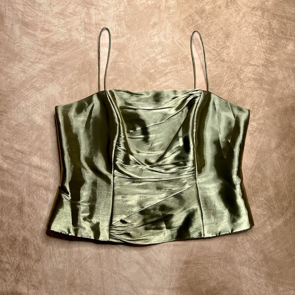 Vintage J.R Nites Satin Ruched Bodice Top Sleeveless Spaghetti Strap Olive Green